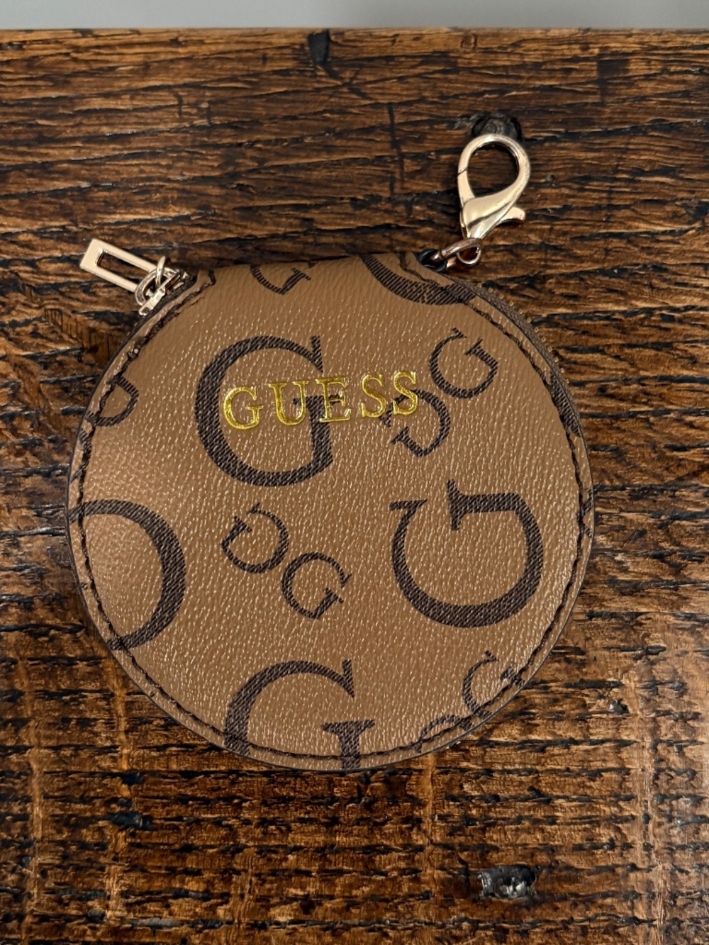 GUESS Monogram Logo Round Coin Purse Pouch Charm Bag Attachment Tan Brown One Sz
